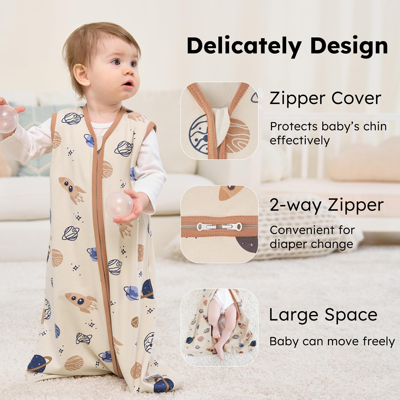 FIEMOL Baby Sleep Sack size range image demonstrates four size options for growth