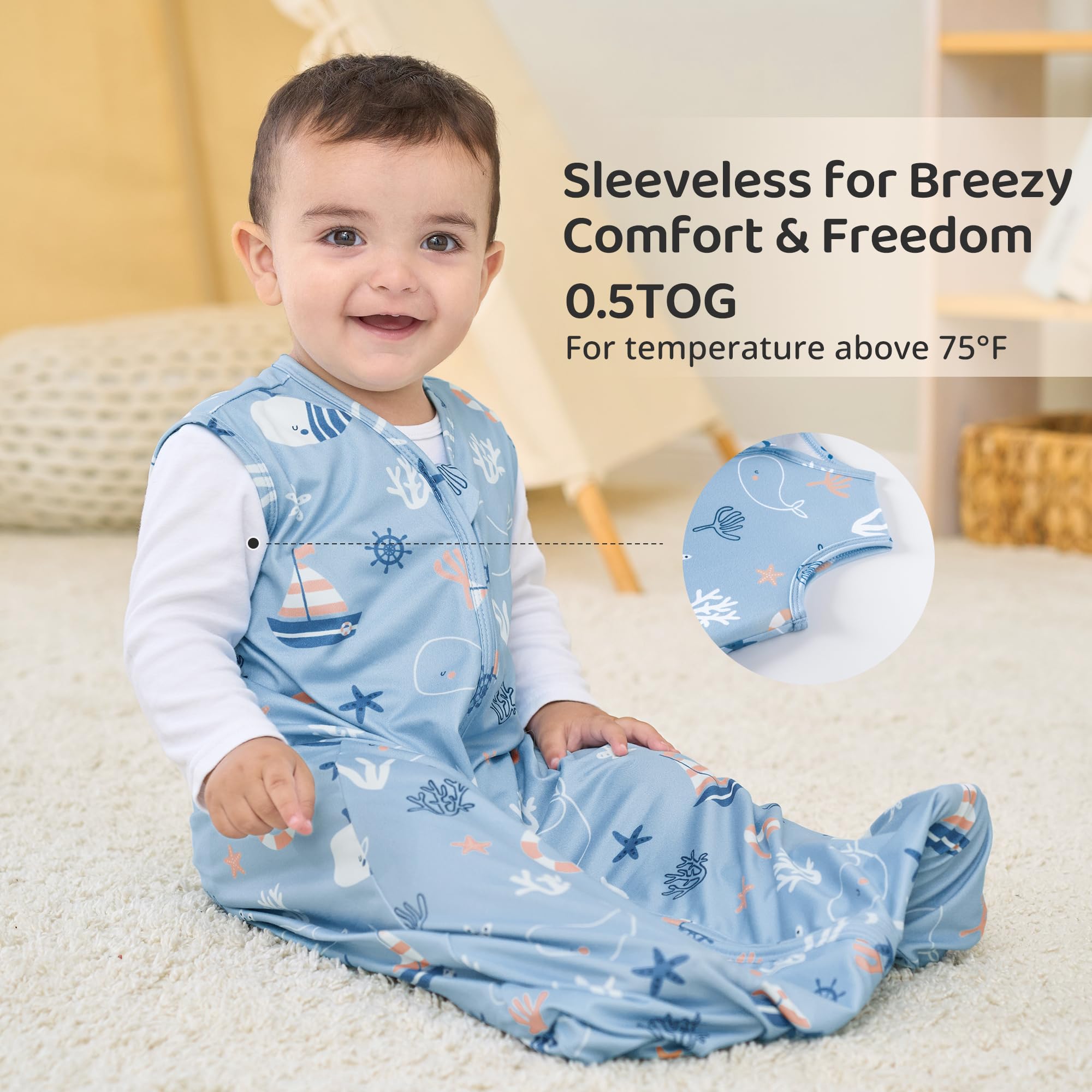 FIEMOL sleep sack sizes 0–24 months including 2-pack option.