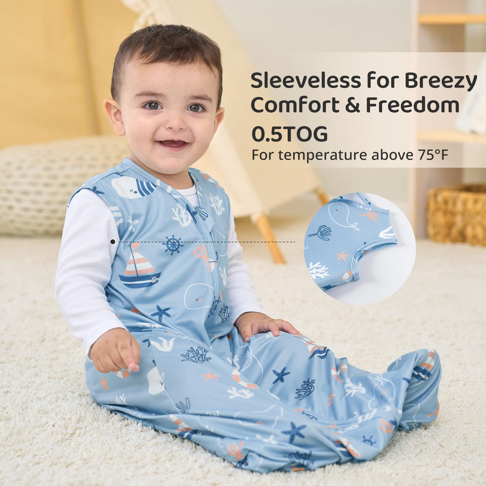 FIEMOL sleep sack sizes 0–24 months including 2-pack option.