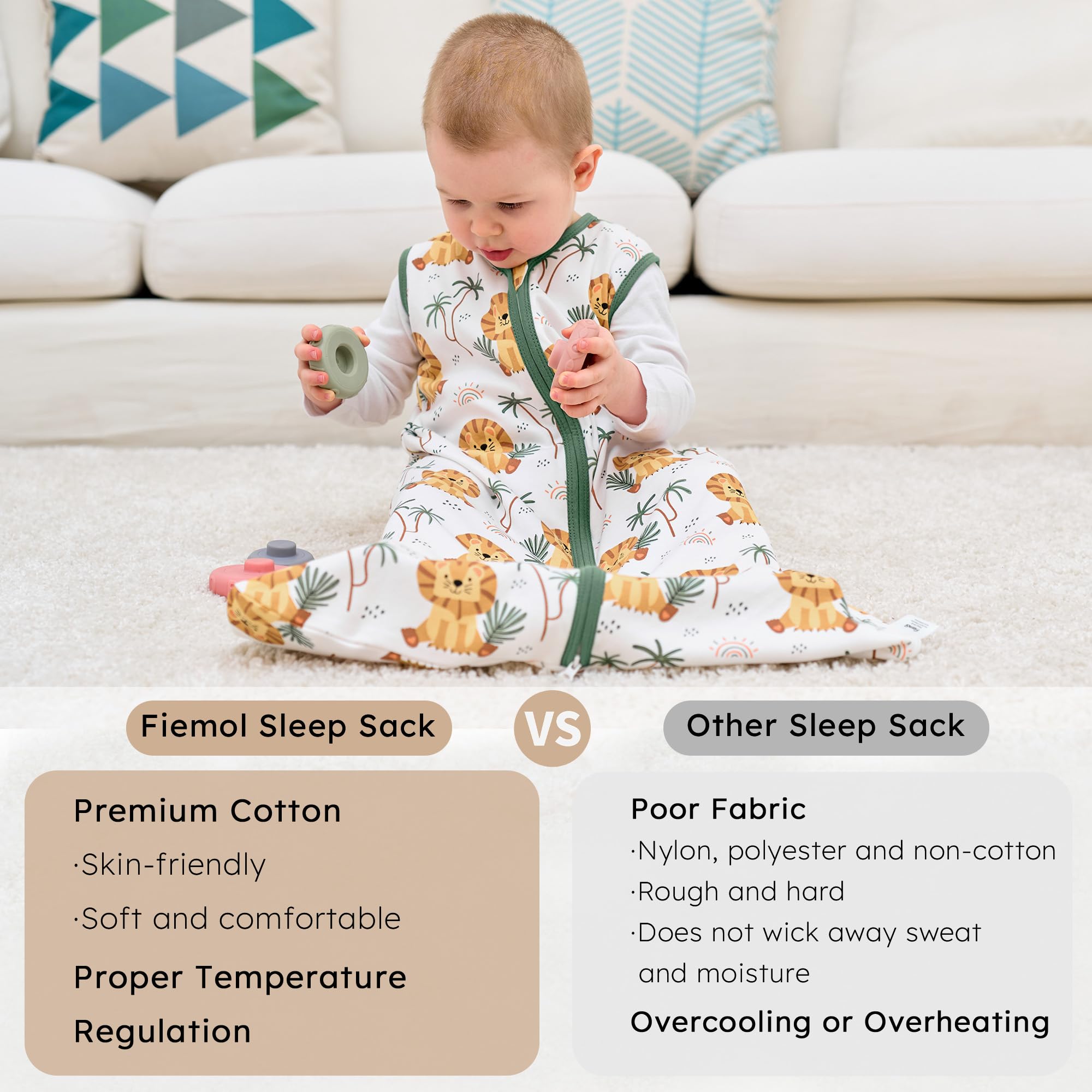 FIEMOL baby sleep sack two-way zip facilitates quick dressing and diaper changes.