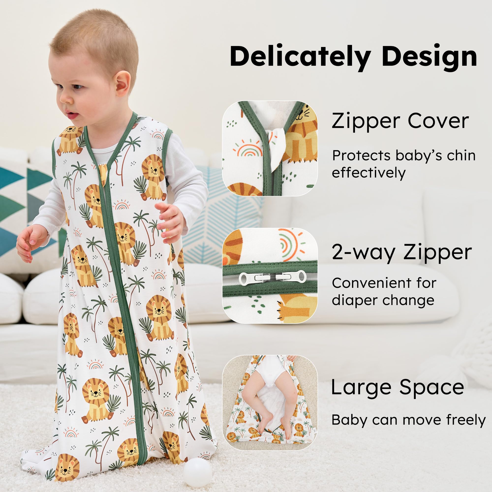 FIEMOL sleep sack two-way-zip close-up for easy diaper changes.