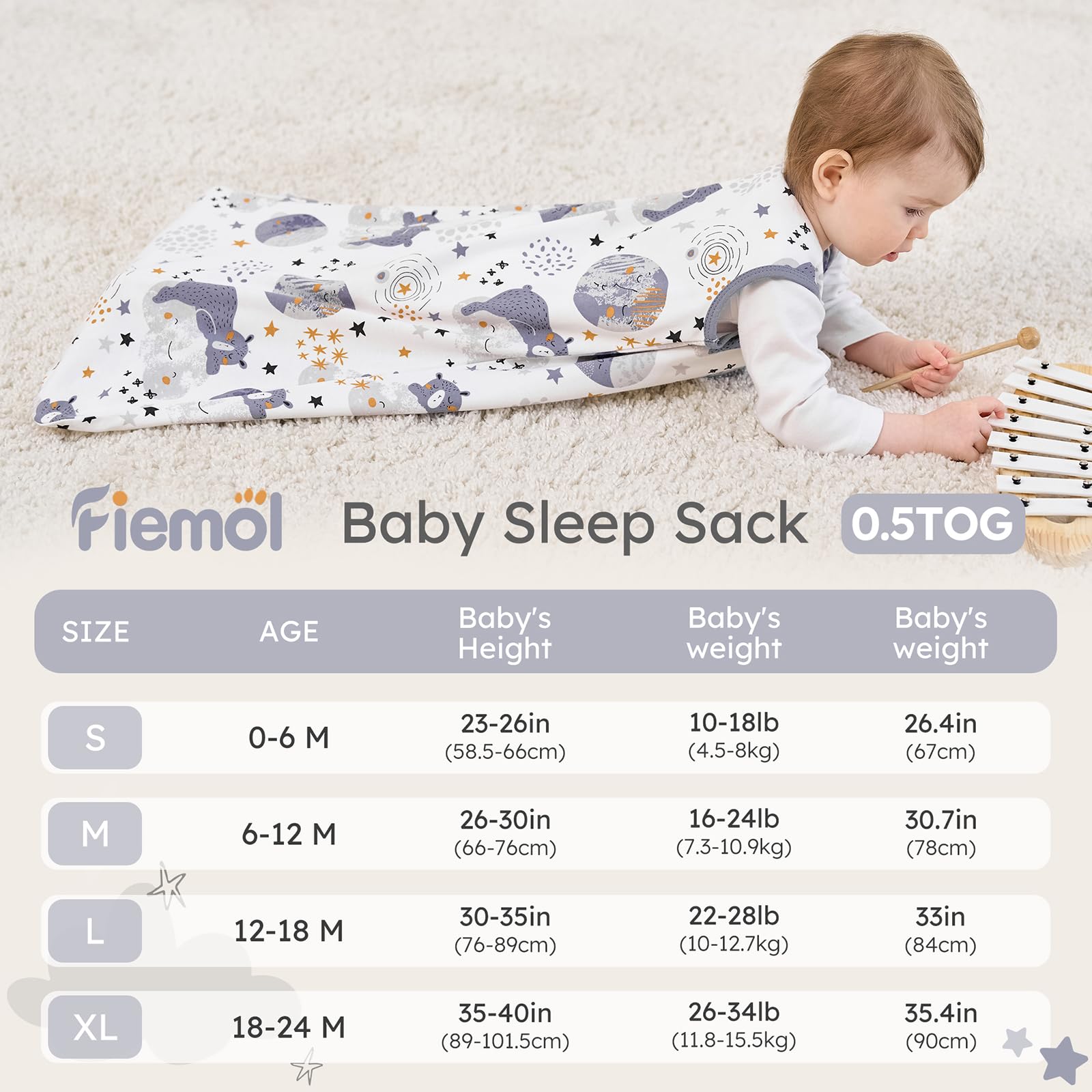 FIEMOL sleep sack close-up; soft cotton texture enhances gentle skin contact.
