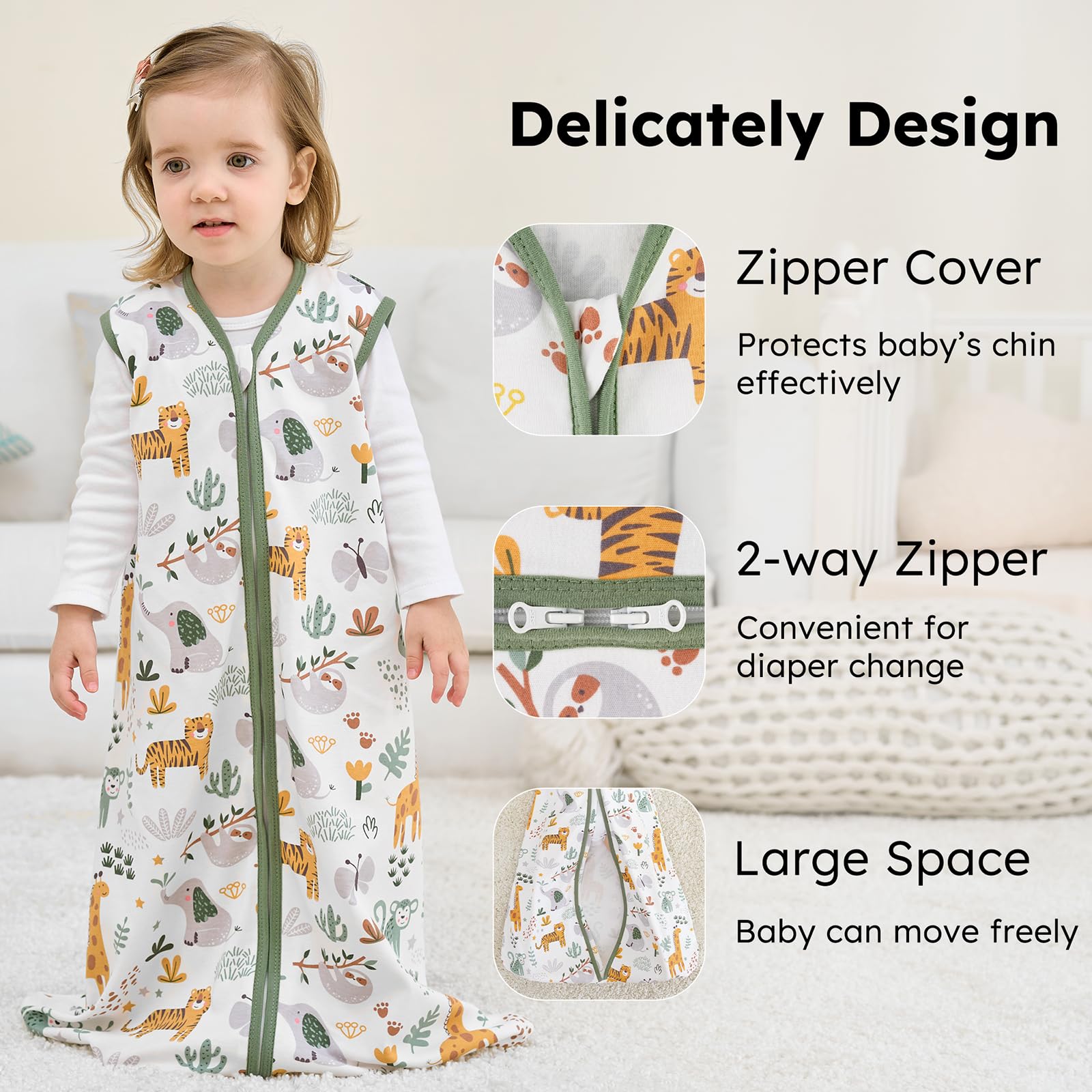 FIEMOL sleep sack zipper-detail showing easy two-way access for diaper changes.