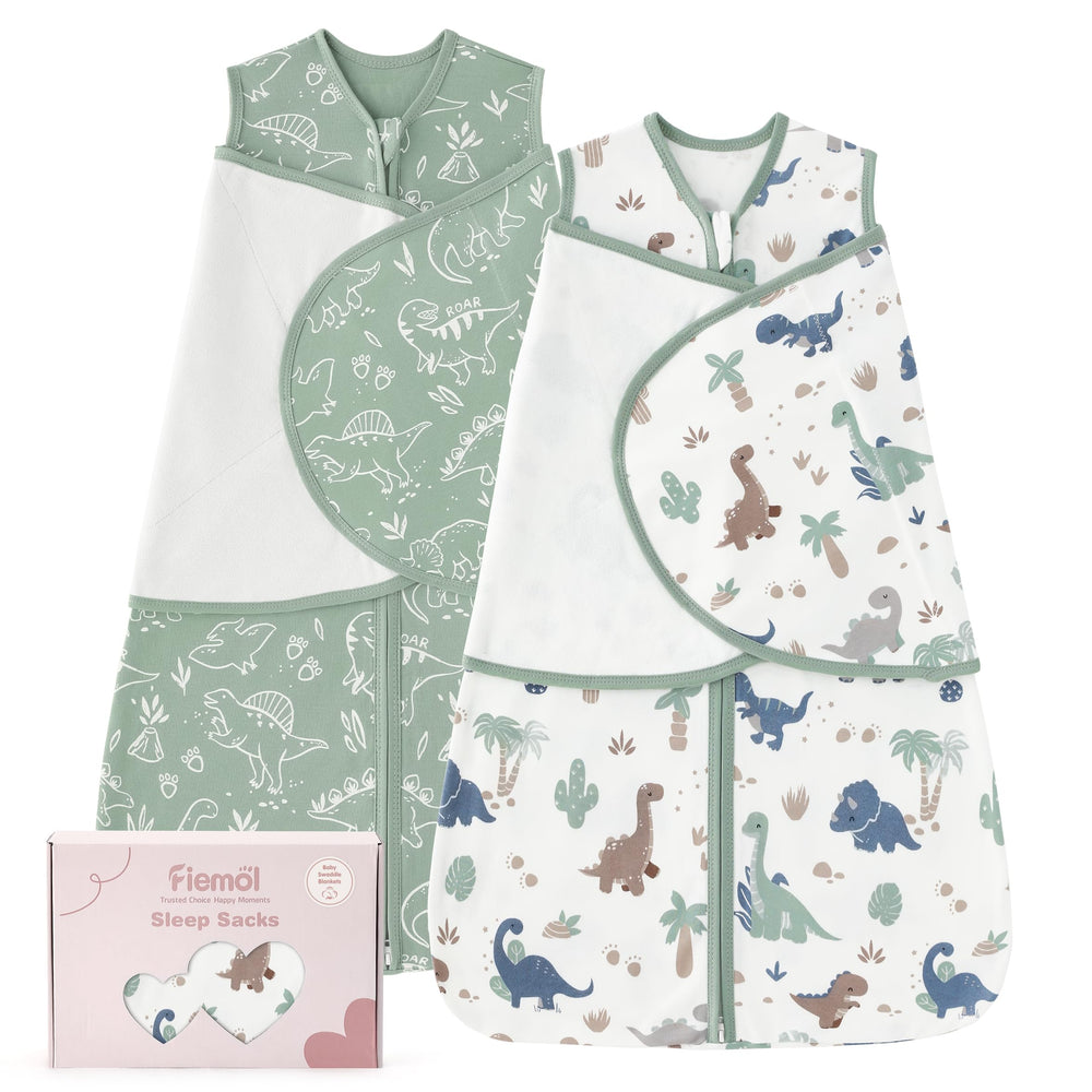 FIEMOL baby swaddle sleep sack green dinosaur pack shows two-pack convenience for quick swaps