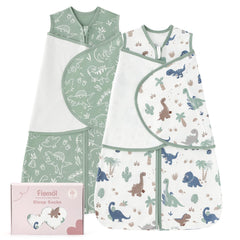 FIEMOL baby swaddle sleep sack green dinosaur pack shows two-pack convenience for quick swaps
