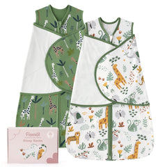 FIEMOL baby swaddle sleep sack in green giraffe with wings for gentle snug wrap