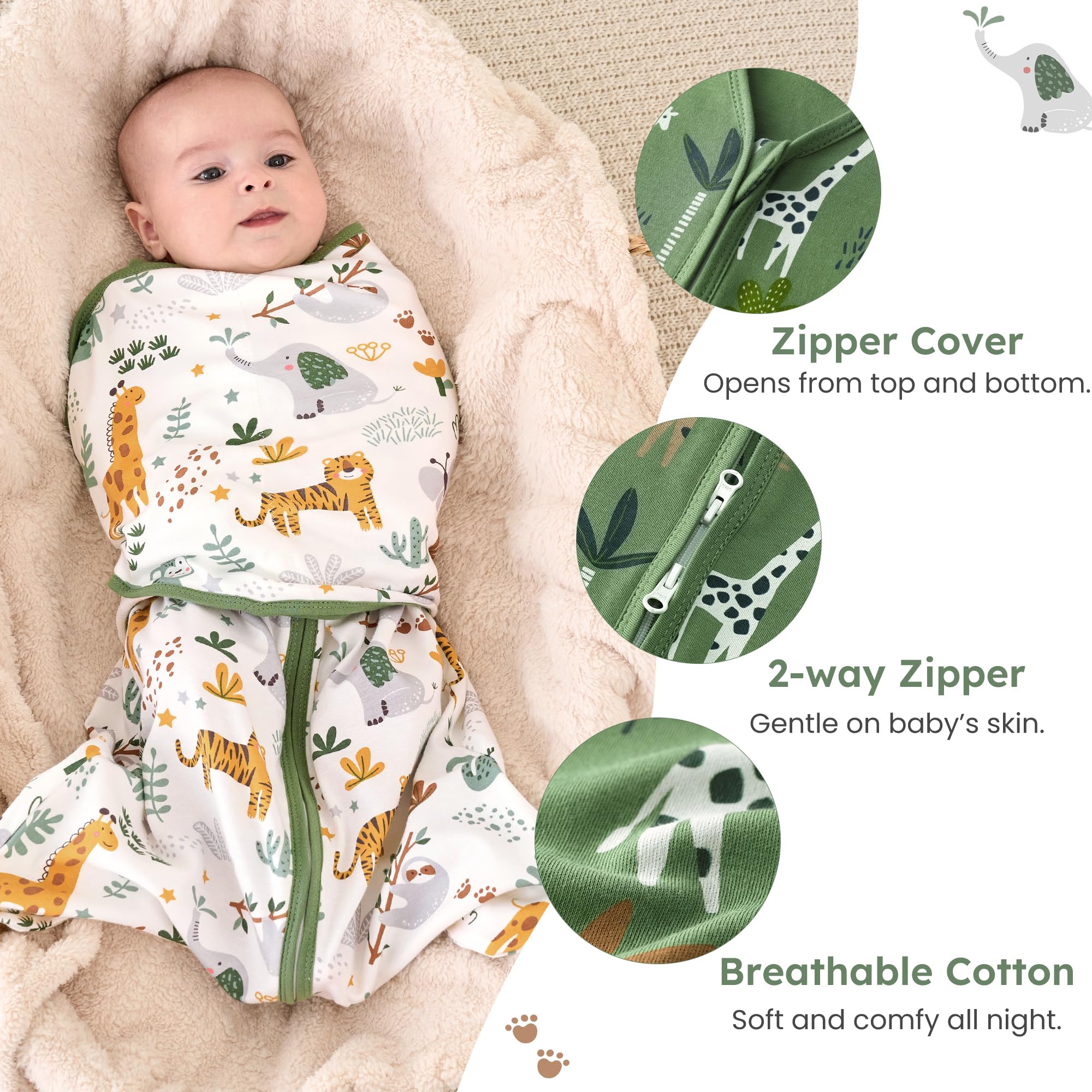 FIEMOL baby swaddle sleep sack green giraffe wrapped—secure wrap aids calm newborn mornings.