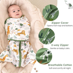 FIEMOL baby swaddle sleep sack green giraffe wrapped—secure wrap aids calm newborn mornings.
