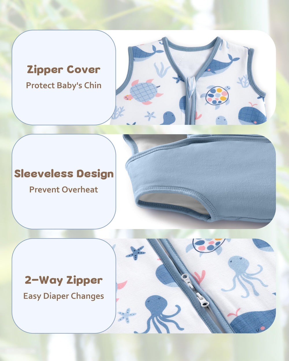 FIEMOL bamboo sleep sack features 1.0 TOG warmth with breathable fabric