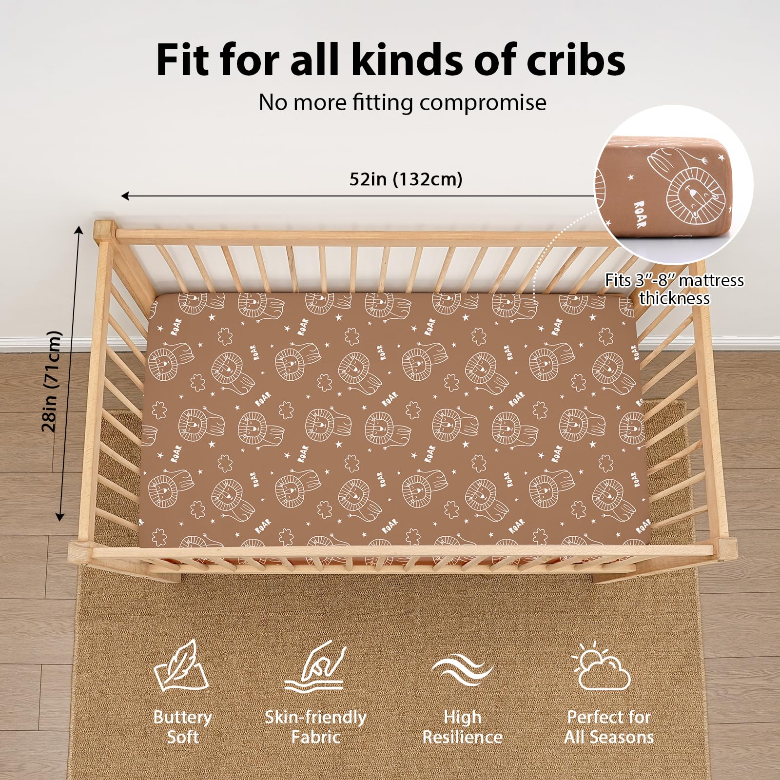FIEMOL snug-fit 52x28 sheets—elastic edges prevent bunching.