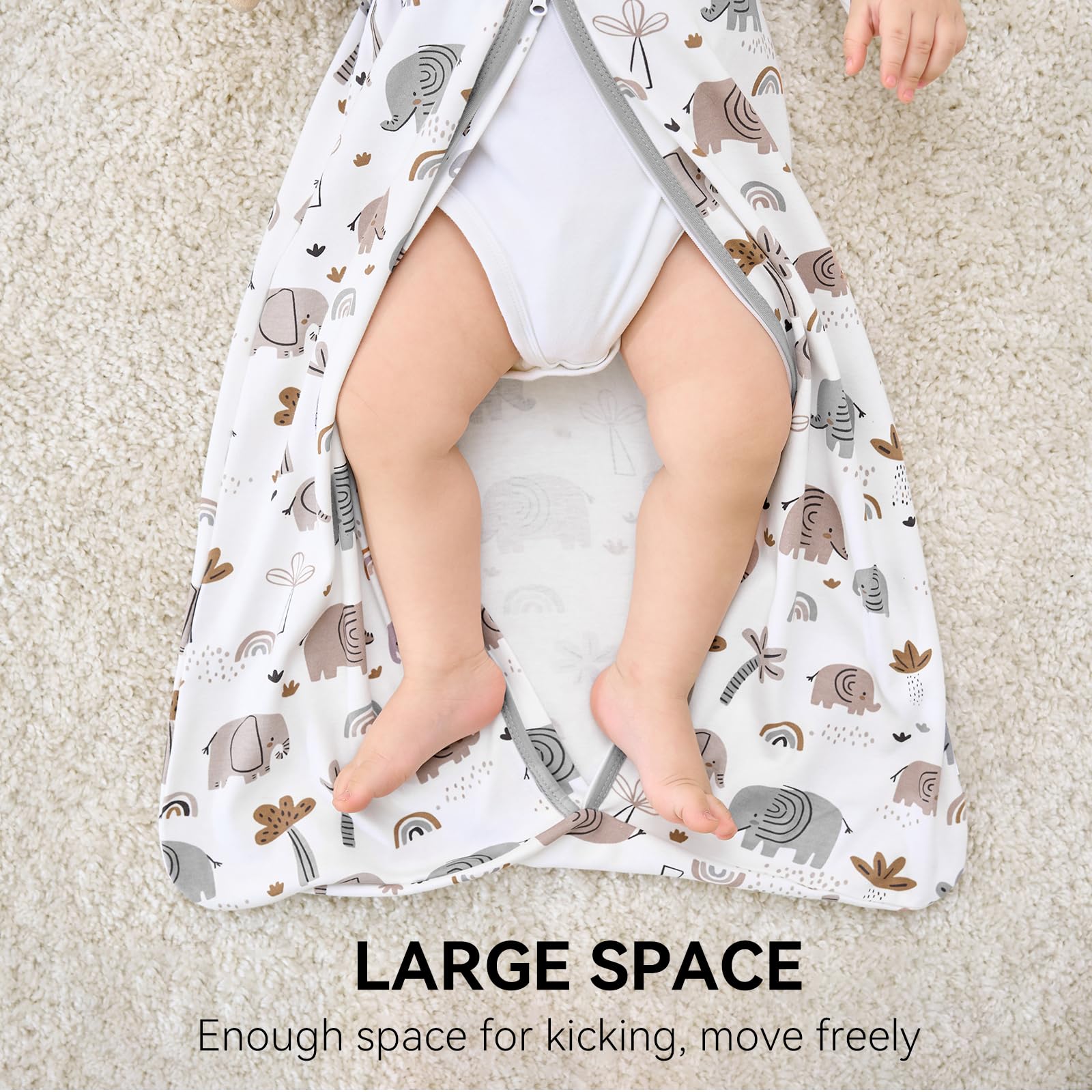 FIEMOL elephant print sleepsack for cozy nighttime and daytime naps.