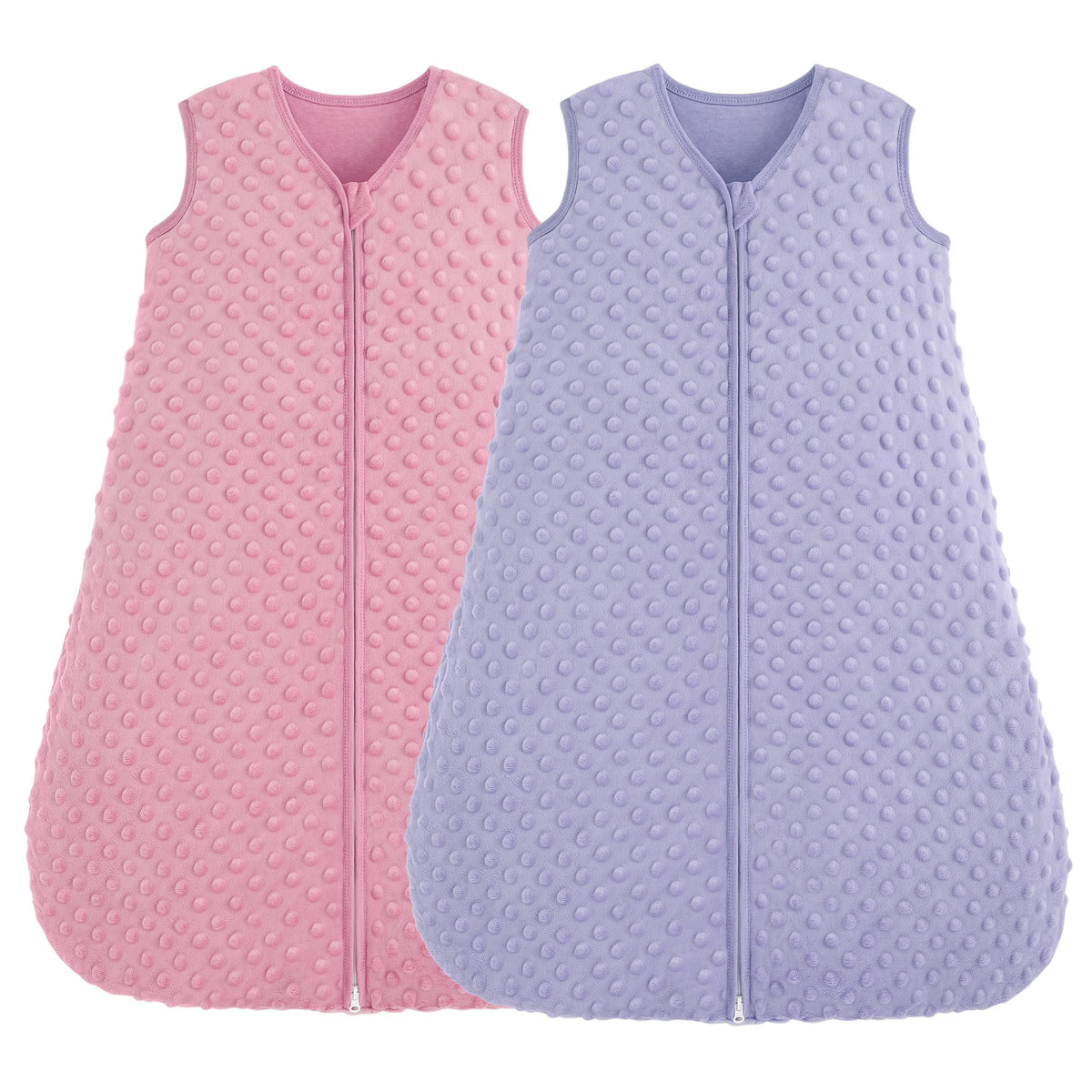FIEMOL fleece baby sleep sack pink close-up with plush dots for soothing comfort.