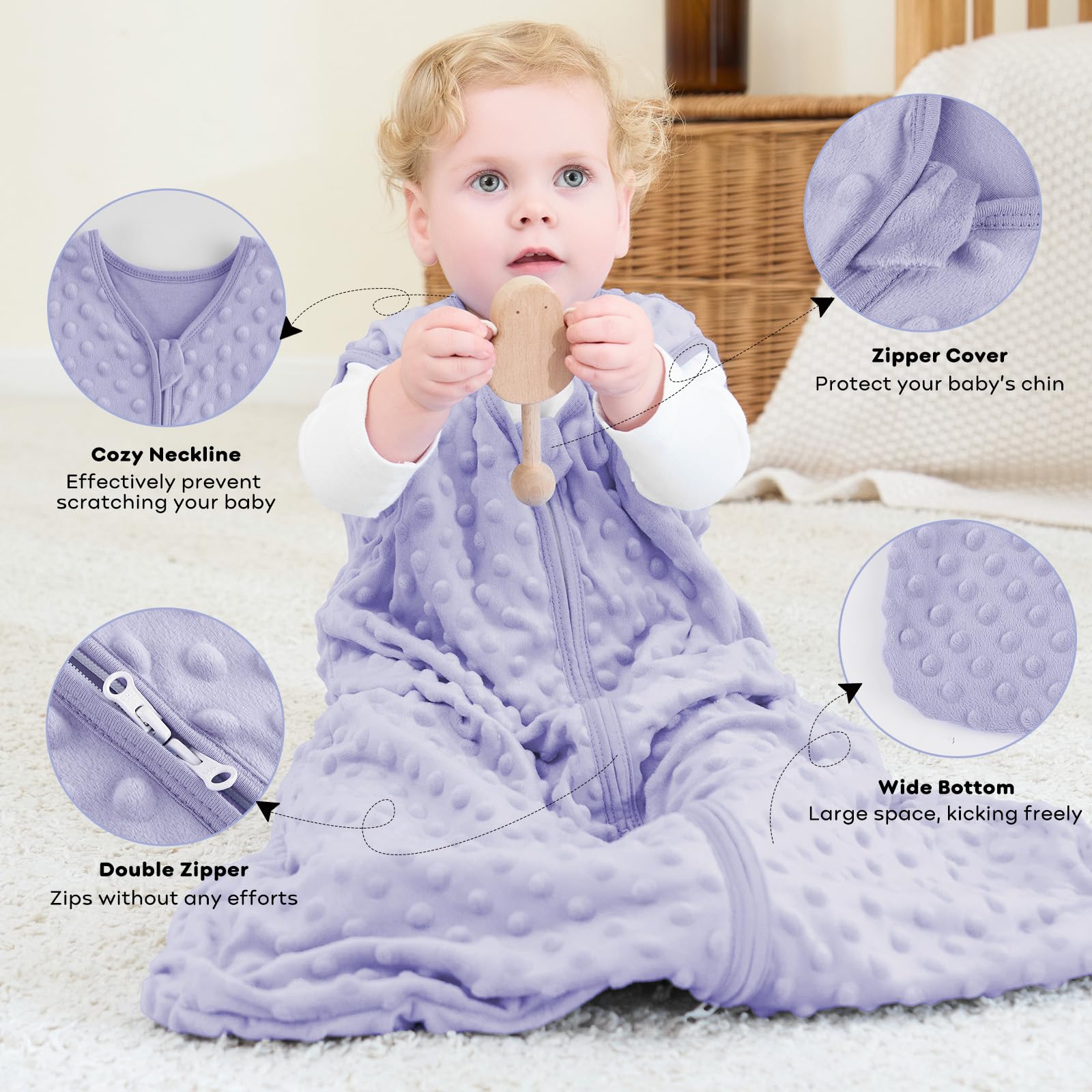 FIEMOL 12-18 month sleep sack in purple features a two-way zipper for easy diaper changes.