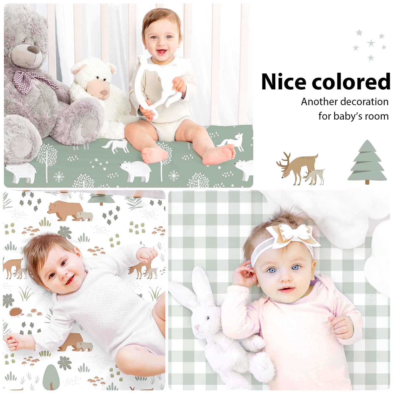 FIEMOL Green Forest Bear sheets in a bright, cozy nursery scene
