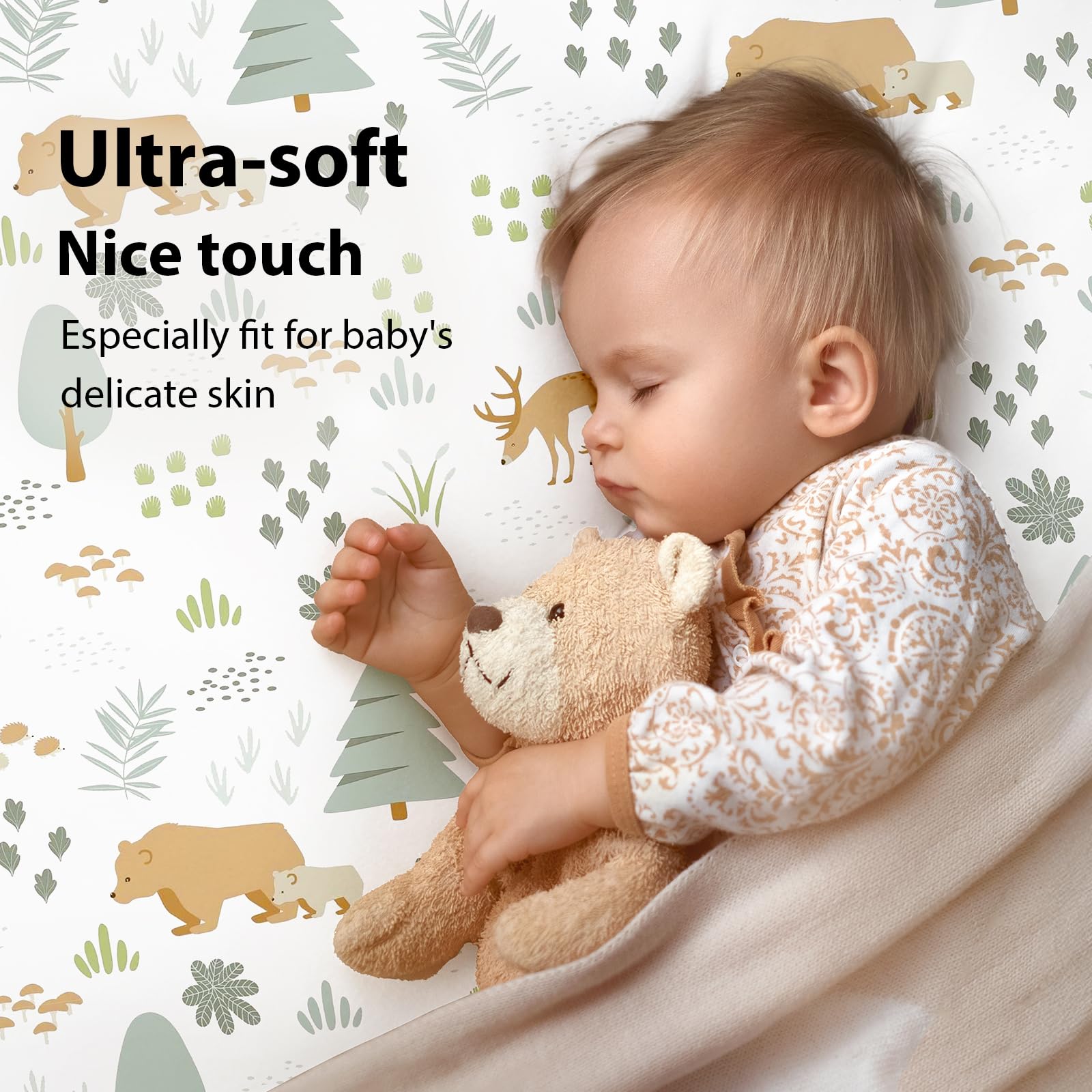 FIEMOL Green Forest Bear sheets on crib demonstrating snug fit with 360 elastic edge