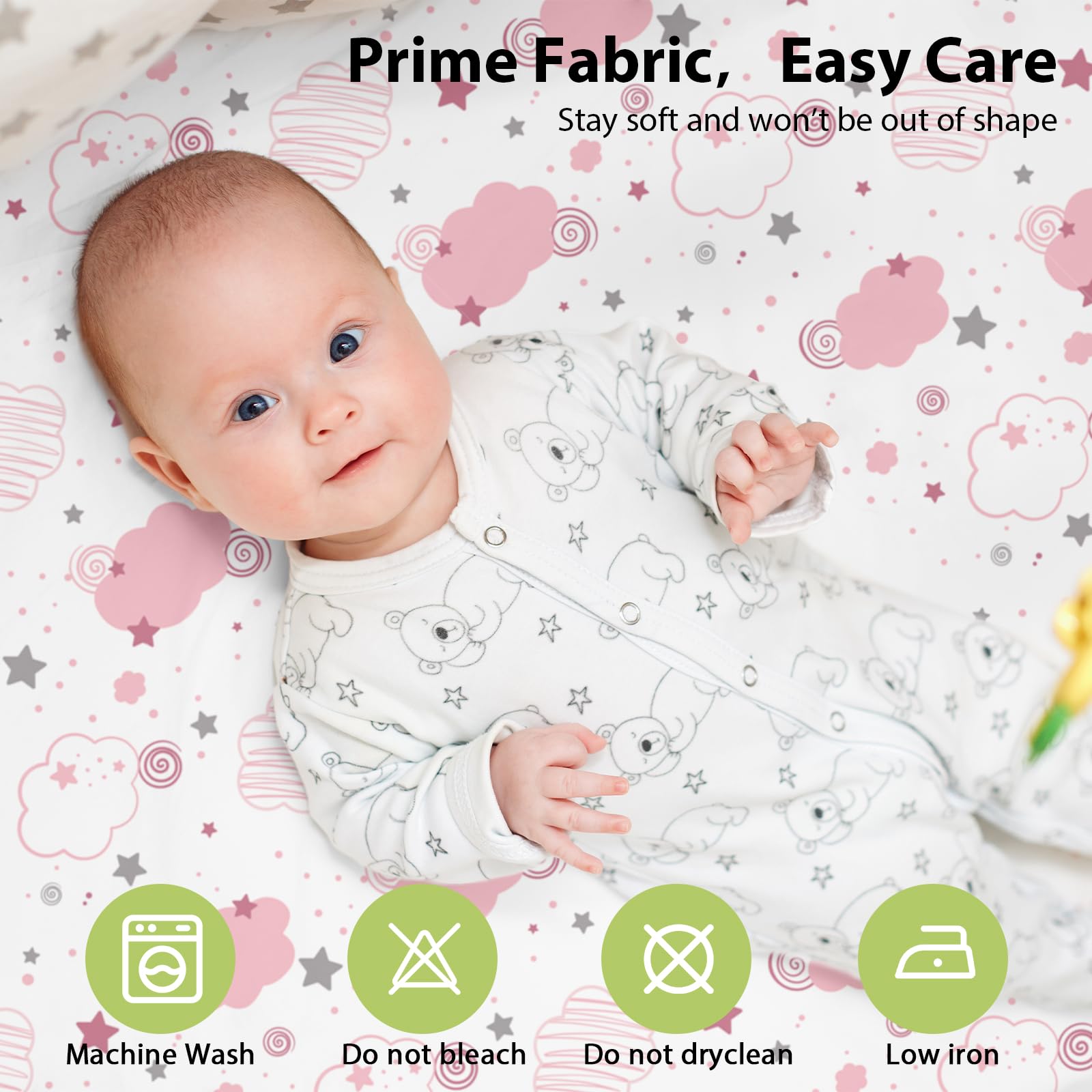 FIEMOL pink rainbow prints brighten the nursery and create a cozy sleep environment.