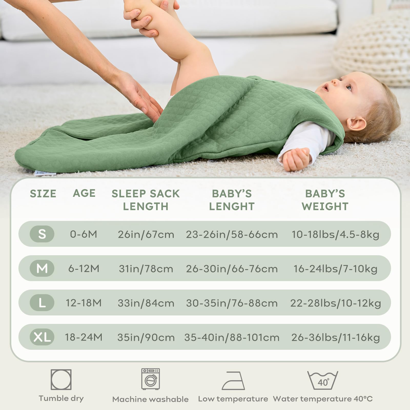 FIEMOL Sleep Sack Green 2-way zip close-up emphasizes easy nighttime diaper changes