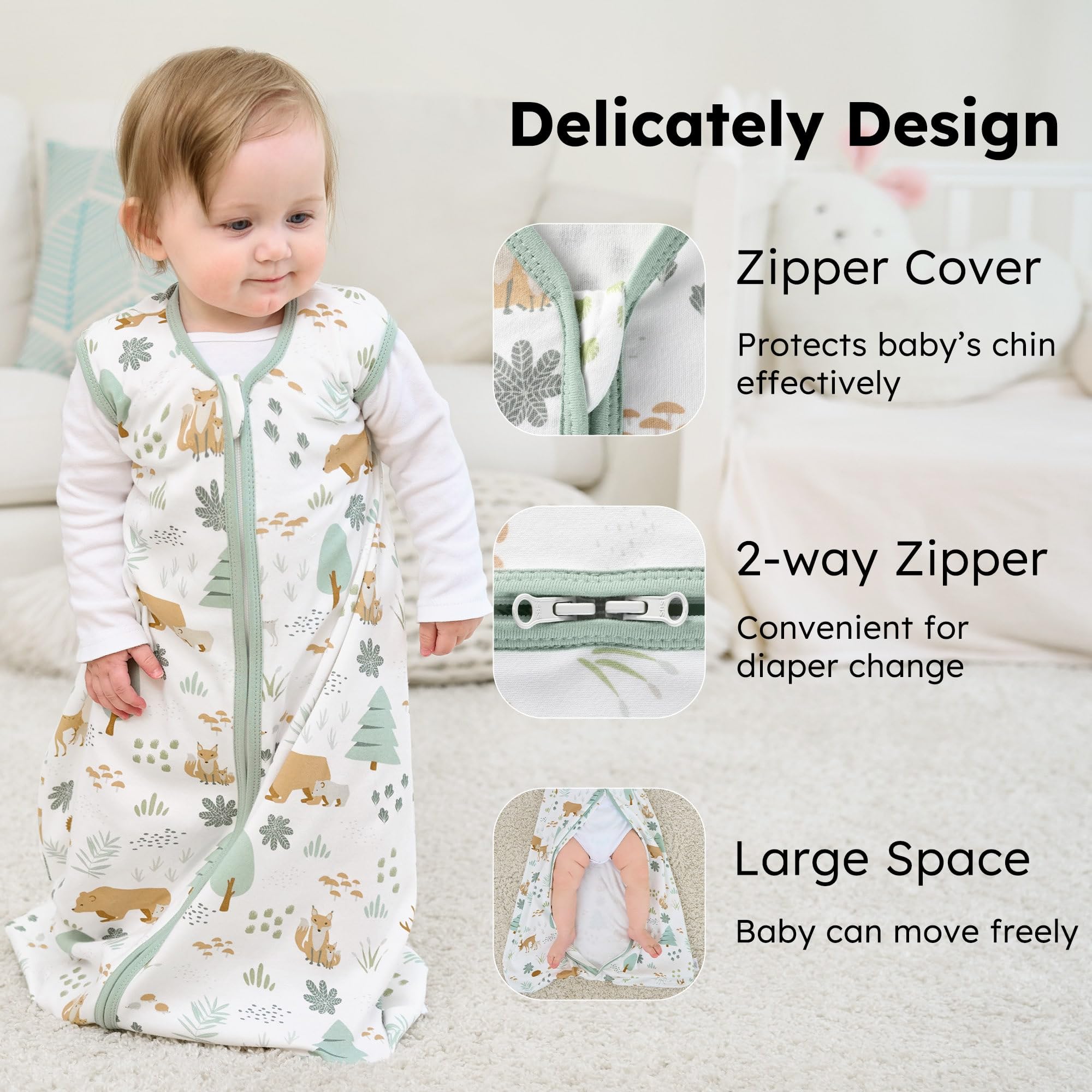 FIEMOL sleep sack double-zipper closeup for easy diaper changes.