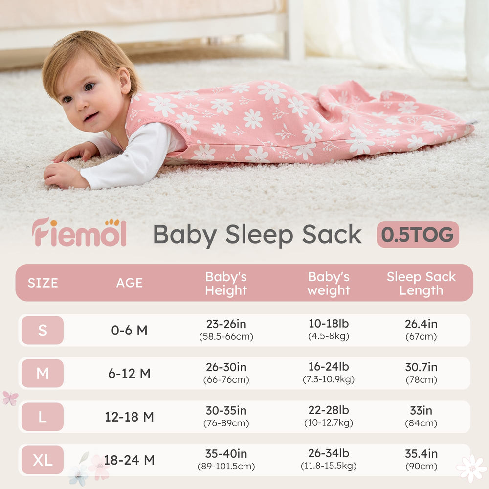 FIEMOL sleep sack size range illustrating four growth sizes