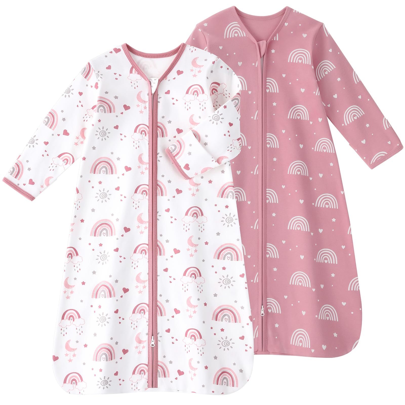 FIEMOL sleep sack pink rainbow front view shows cozy cotton for toddlers.