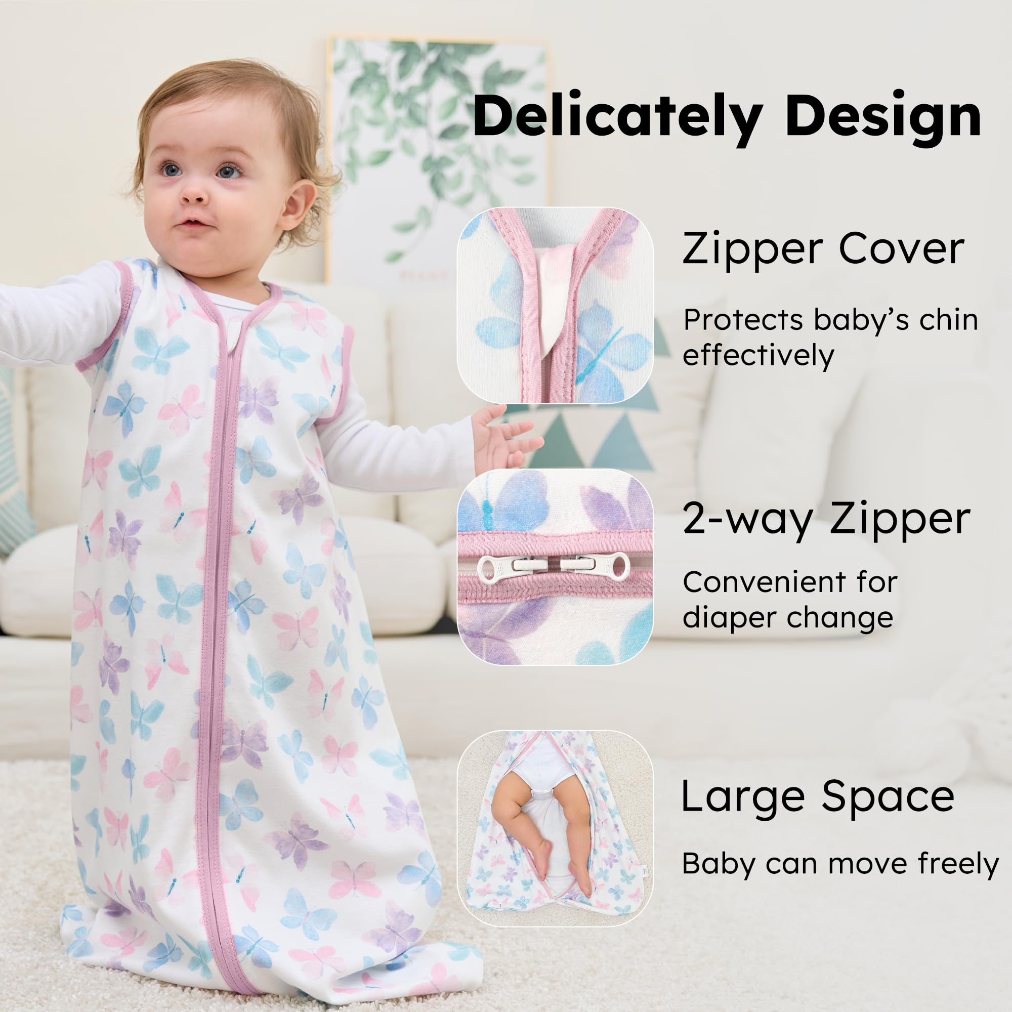 FIEMOL sleep sack with two-way zipper for easy diaper changes