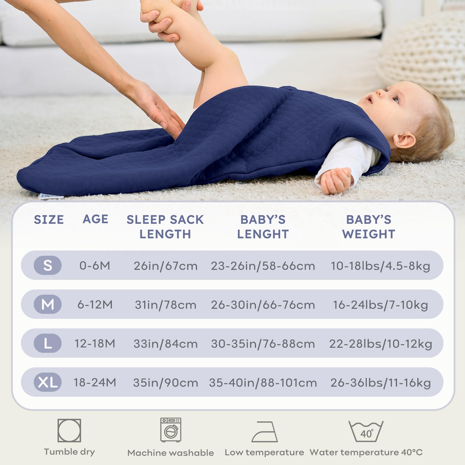 FIEMOL sleep sack wide bottom design supports leg movement and easy diaper changes.