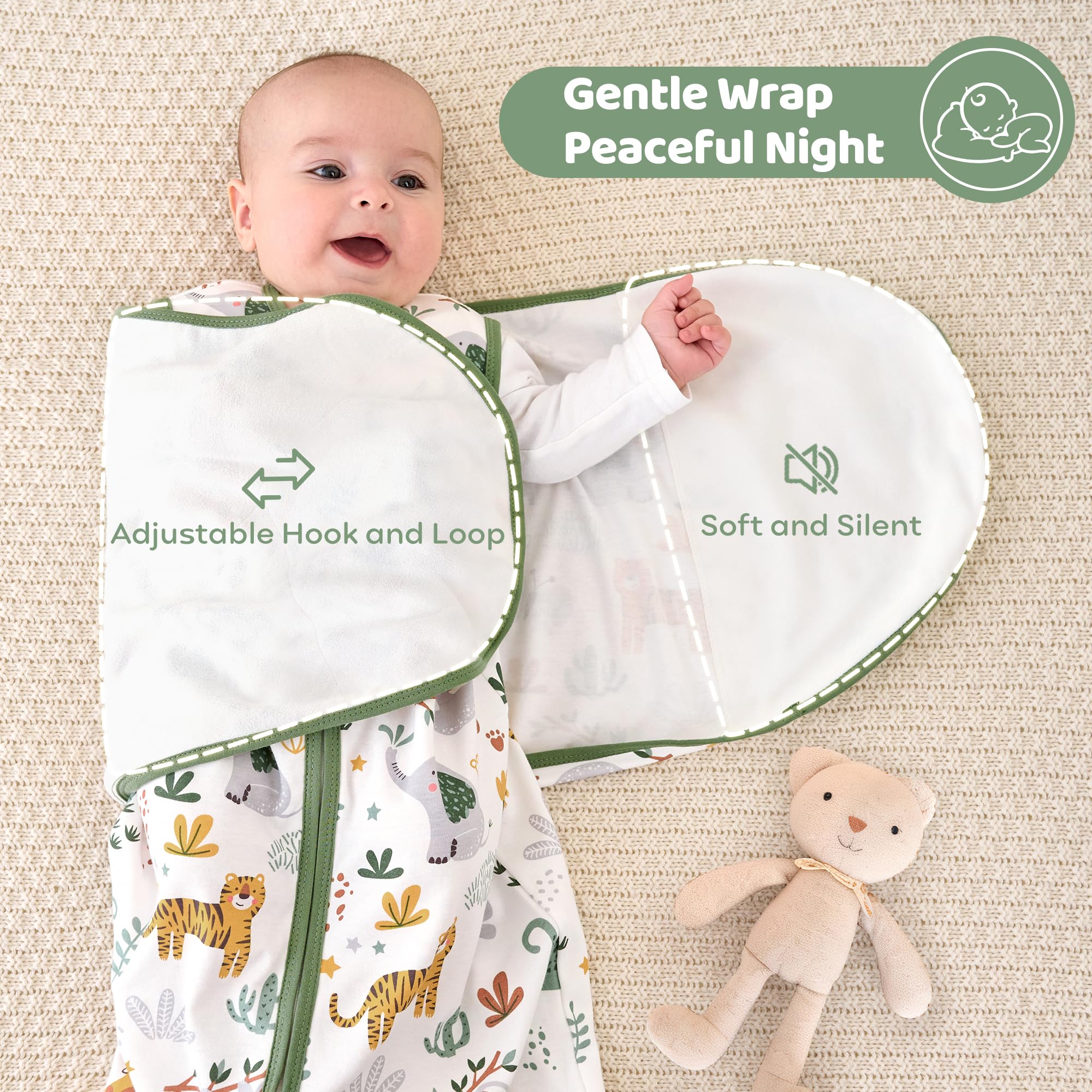 FIEMOL swaddle sleep sack 0-5tog breathable fabric—soft next to baby skin.