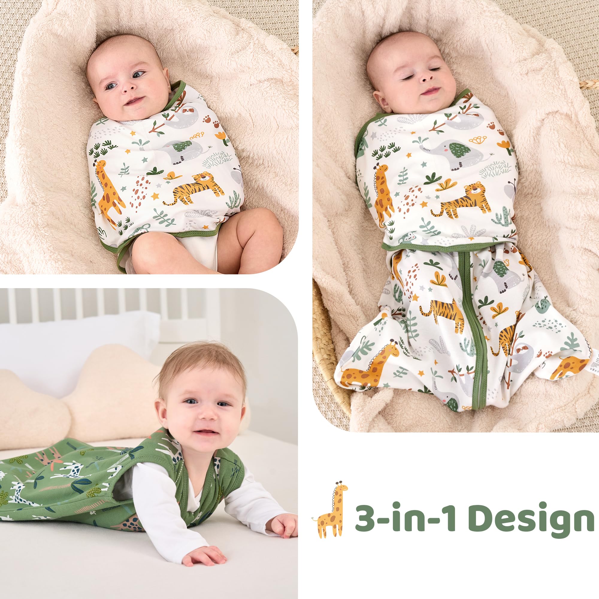 FIEMOL swaddle sleep sack 2-way zipper—diaper changes without fully unwrapping.
