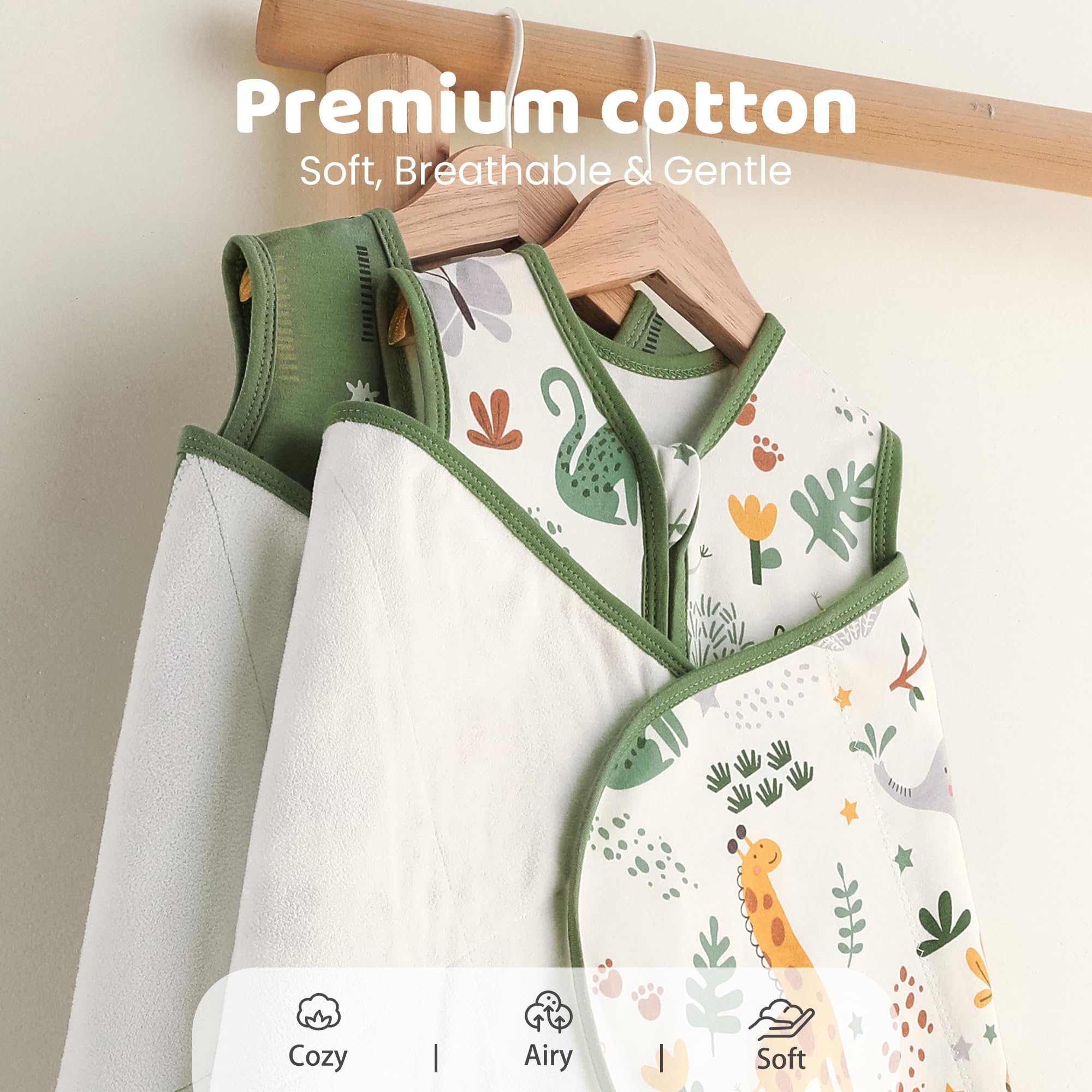 FIEMOL swaddle sleep sack detachable wings—adapts to seasons and growth.