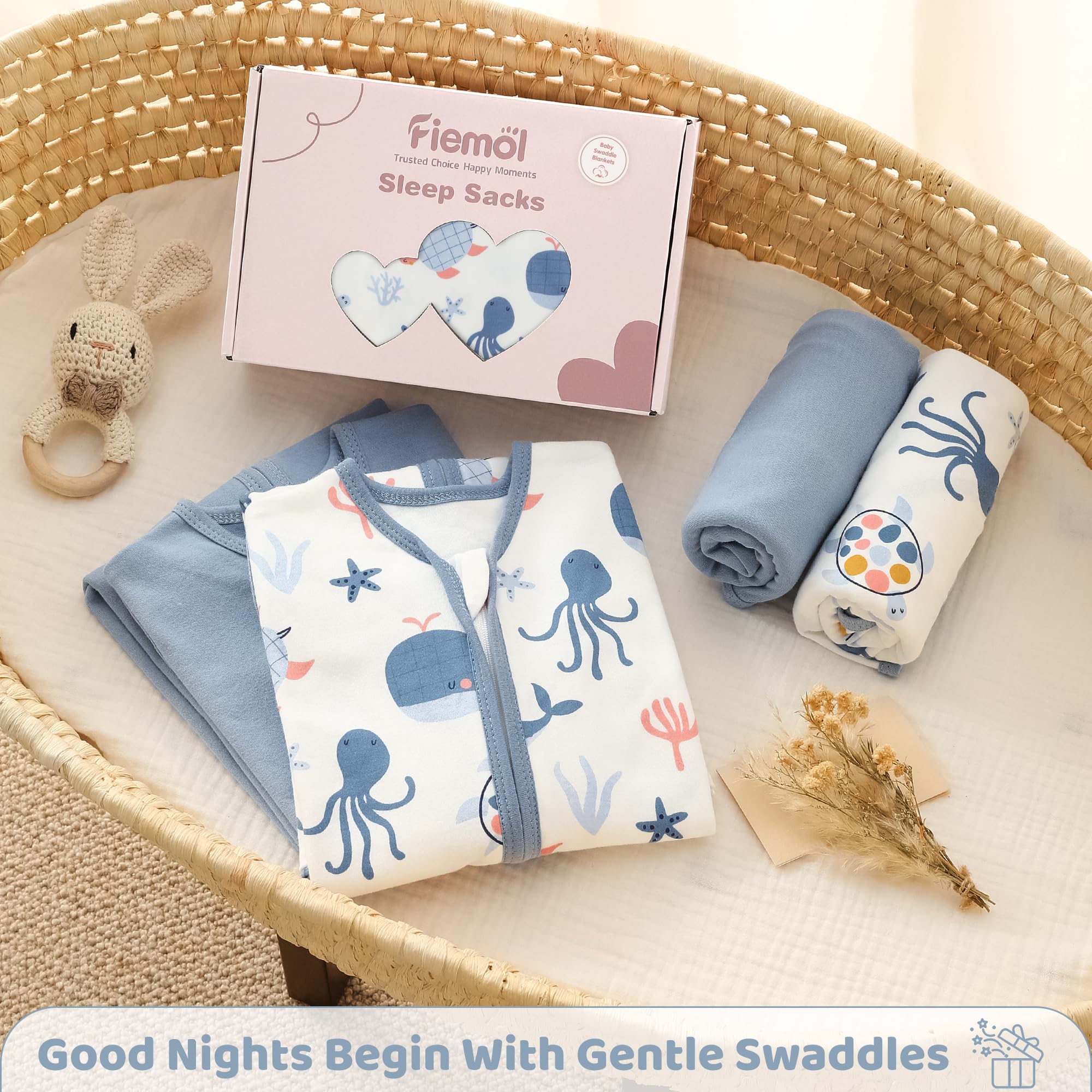 FIEMOL swaddle with 0.5-1.0 TOG for warm to cool days.