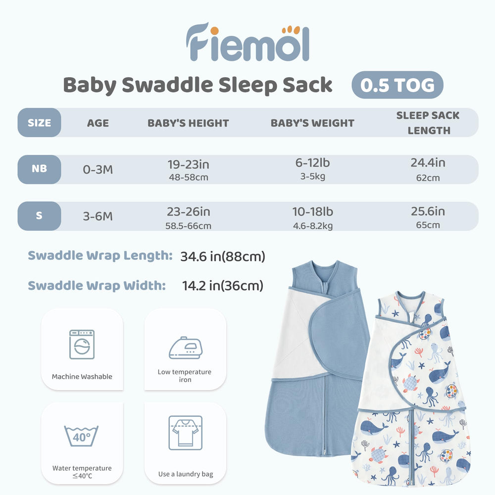 FIEMOL two-pack swaddle sleep sack provides versatile sleep options.