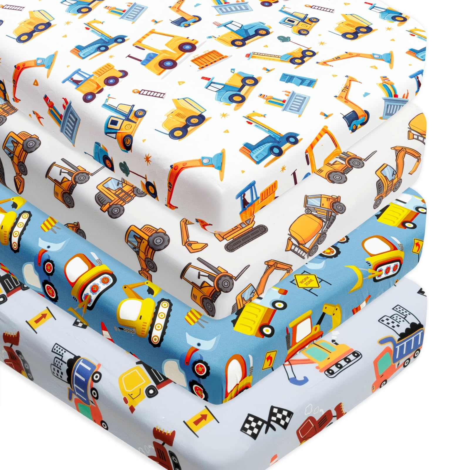 FIGEPO construction truck crib sheet in the four-pack with breathable microfiber for comfy naps