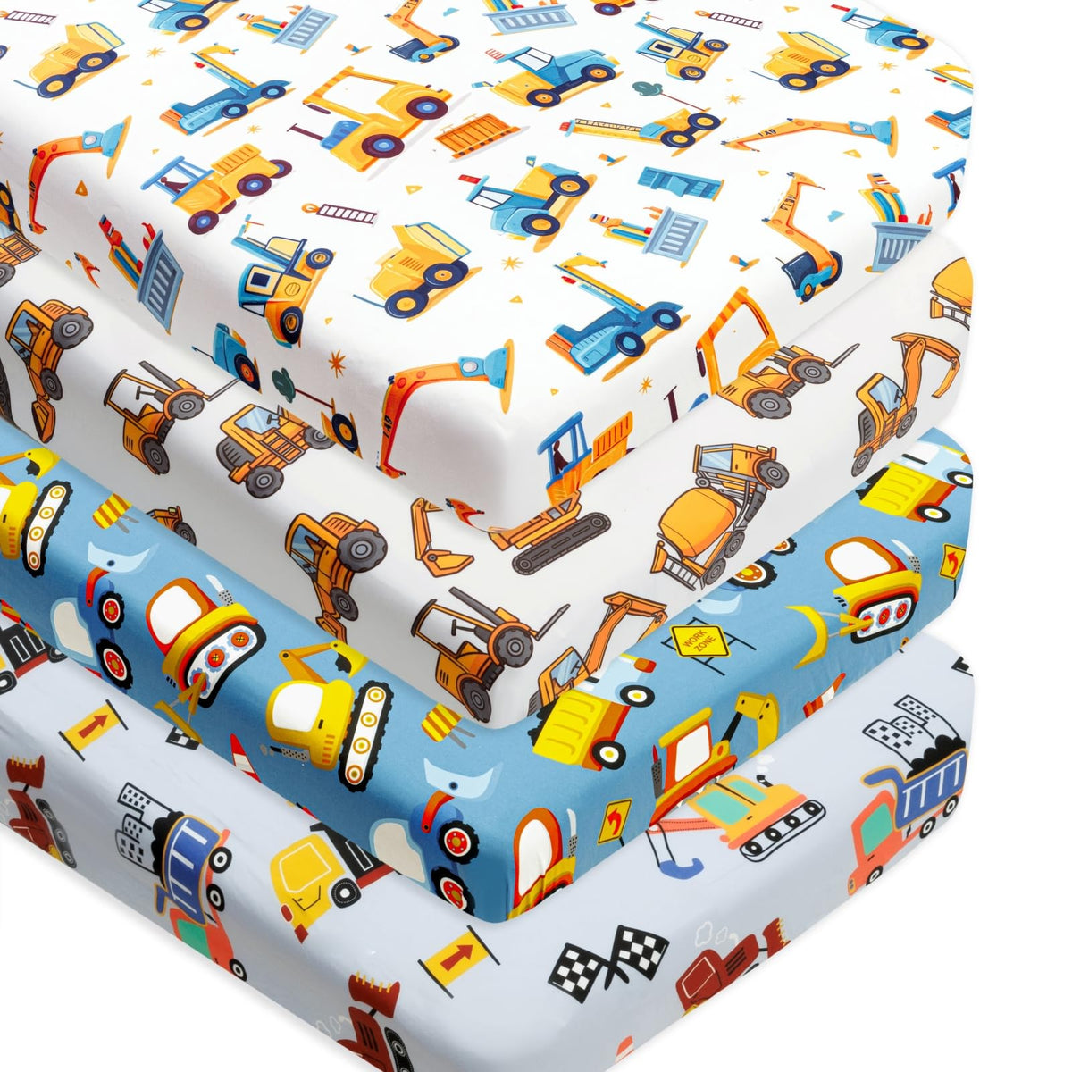 FIGEPO construction truck crib sheet in the four-pack with breathable microfiber for comfy naps