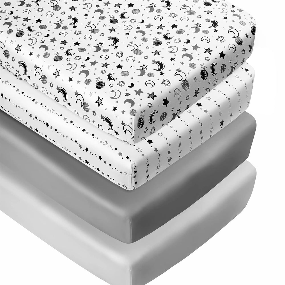FIGEPO star moon crib sheets close-up with snug elastic fit for standard crib