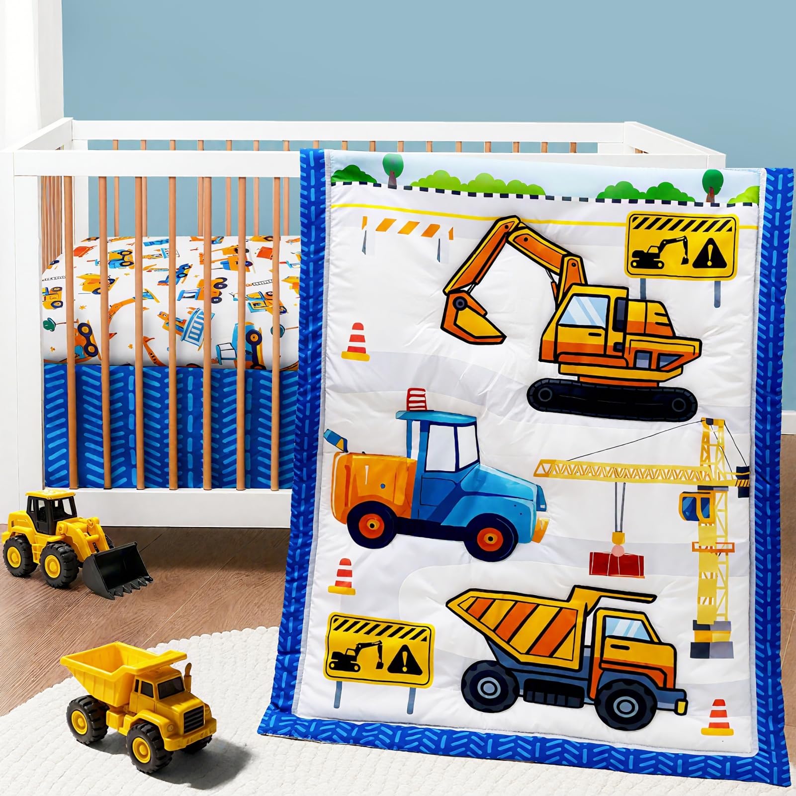 FIGEPO construction theme crib comforter close-up shows soft cotton for cozy naps.