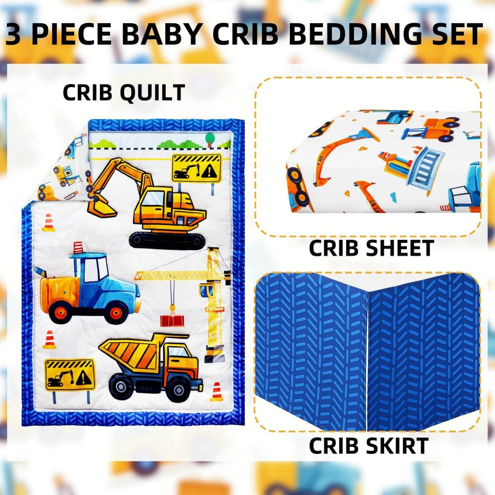 FIGEPO construction theme crib fitted sheet close-up with breathable fabric and snug fit.