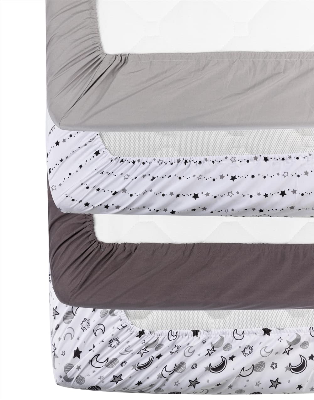 FIGEPO full elastic trim close-up shows secure nightly fit on crib