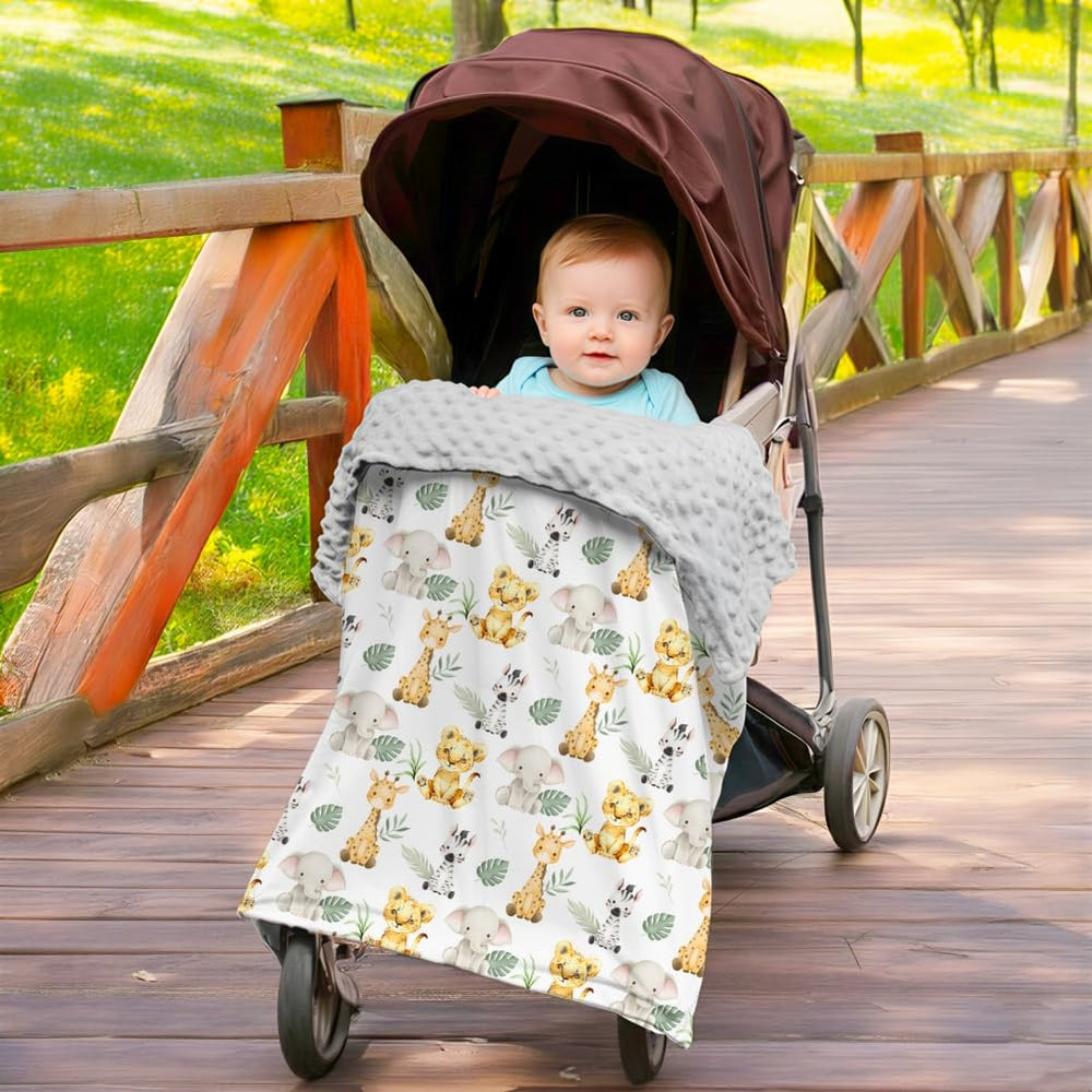 FIGEPO Safari Jungle Animals Baby Blanket - stroller use demonstrates portability and warmth.