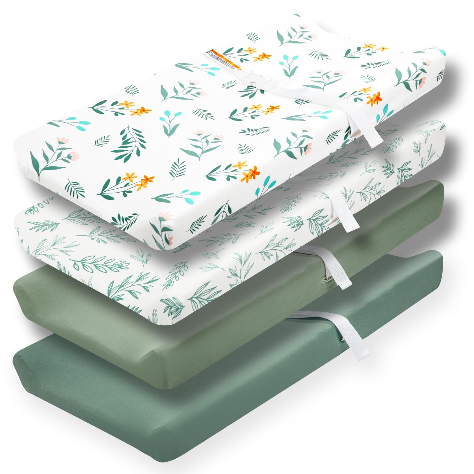 FIGEPO sage green fitted sheet on crib mattress showing snug elastic fit for secure sleep