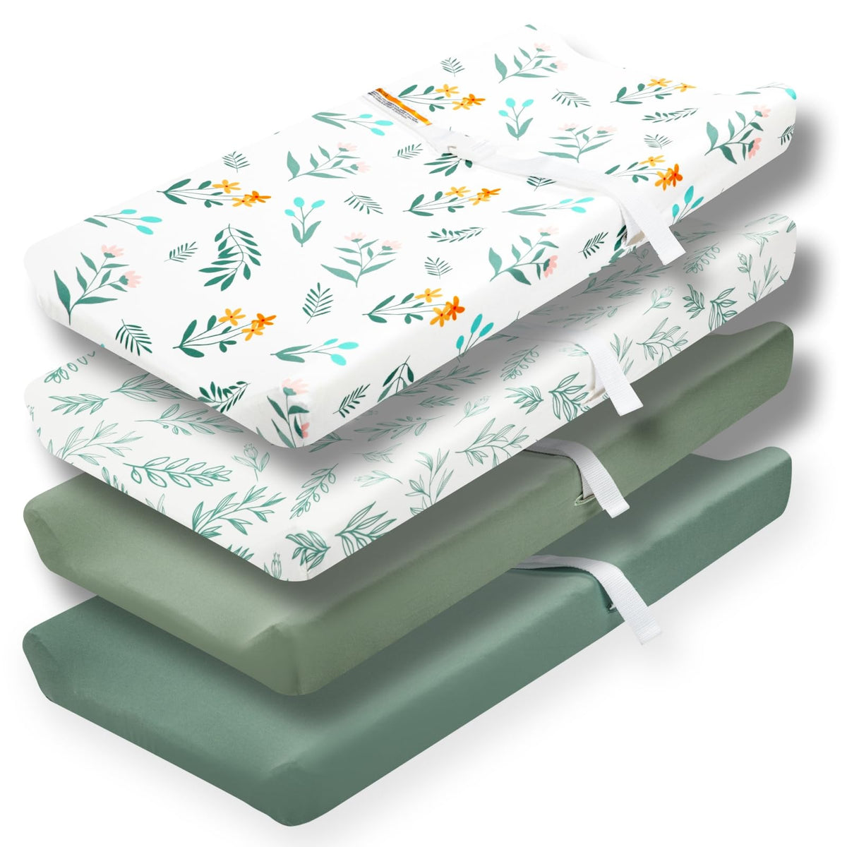 FIGEPO sage green fitted sheet on crib mattress showing snug elastic fit for secure sleep