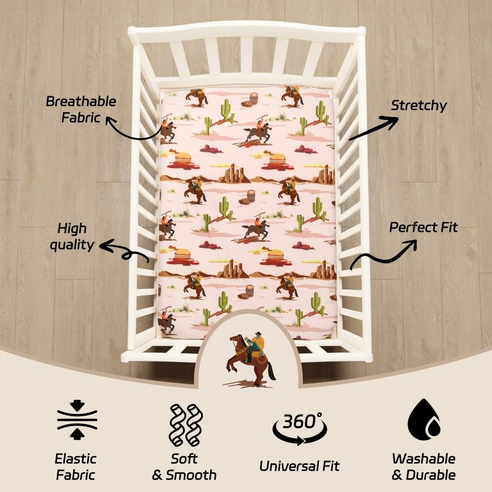 FIGEPO Western Cowboy crib sheets elastic-fit corners illustrate secure, universal fit.