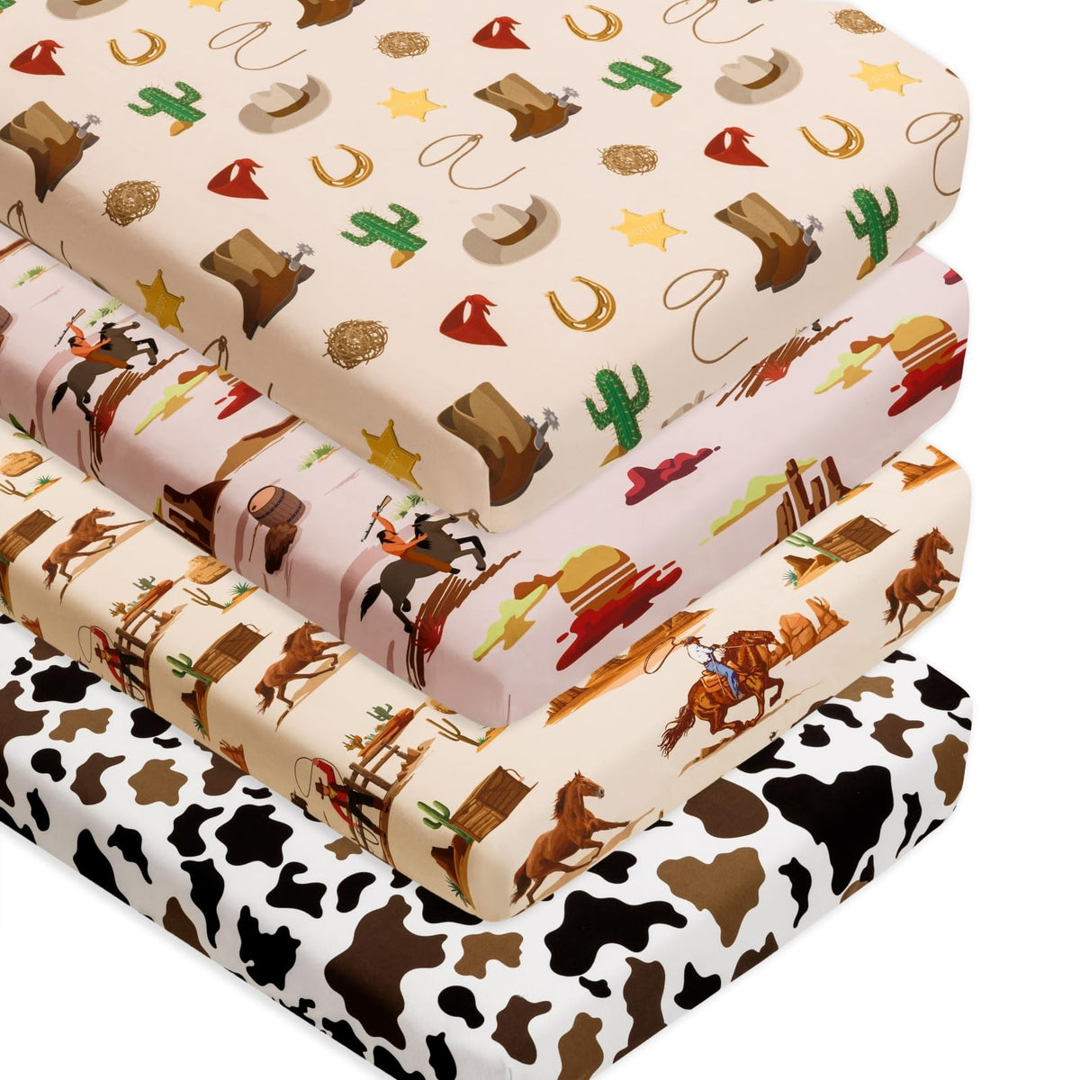 FIGEPO Western Cowboy crib sheets flatlay showcasing neutral design for versatile nursery decor.