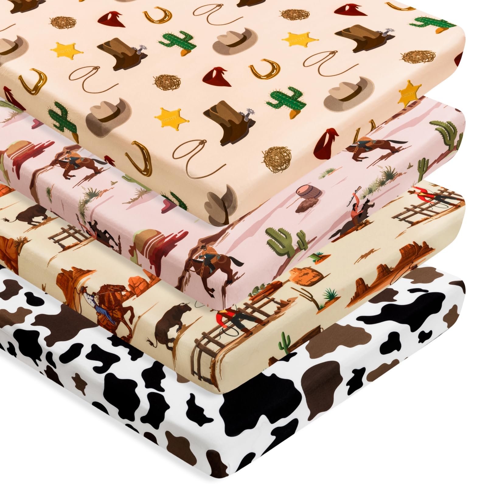 FIGEPO Western Cowboy crib sheets flatlay showing soft breathable fabric for baby comfort.