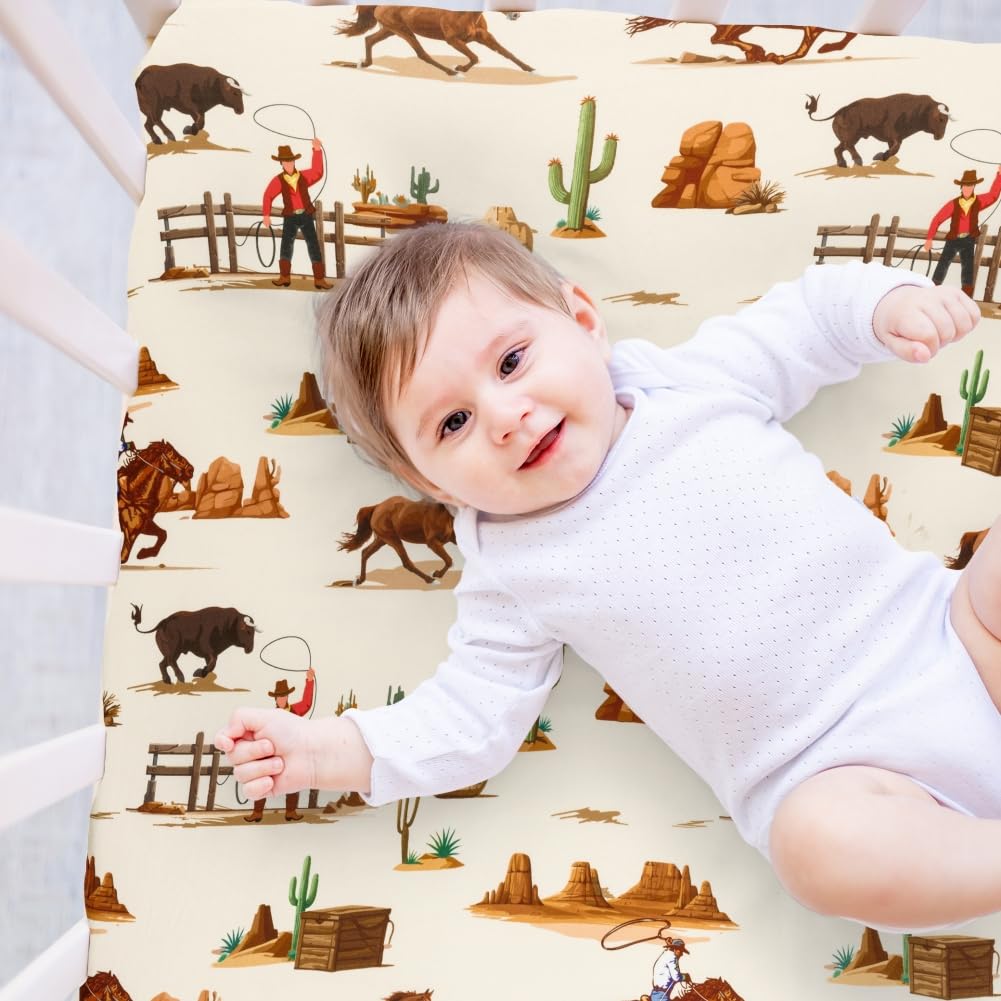 FIGEPO Western Cowboy crib sheets neutral design complements any nursery decor.