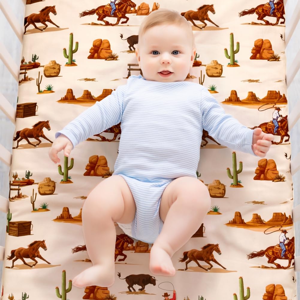 FIGEPO Western Cowboy crib sheets in nursery decor setup for gender-neutral aesthetic.