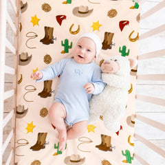FIGEPO Western Cowboy crib sheets close-up highlights gentle surface ideal for delicate skin.