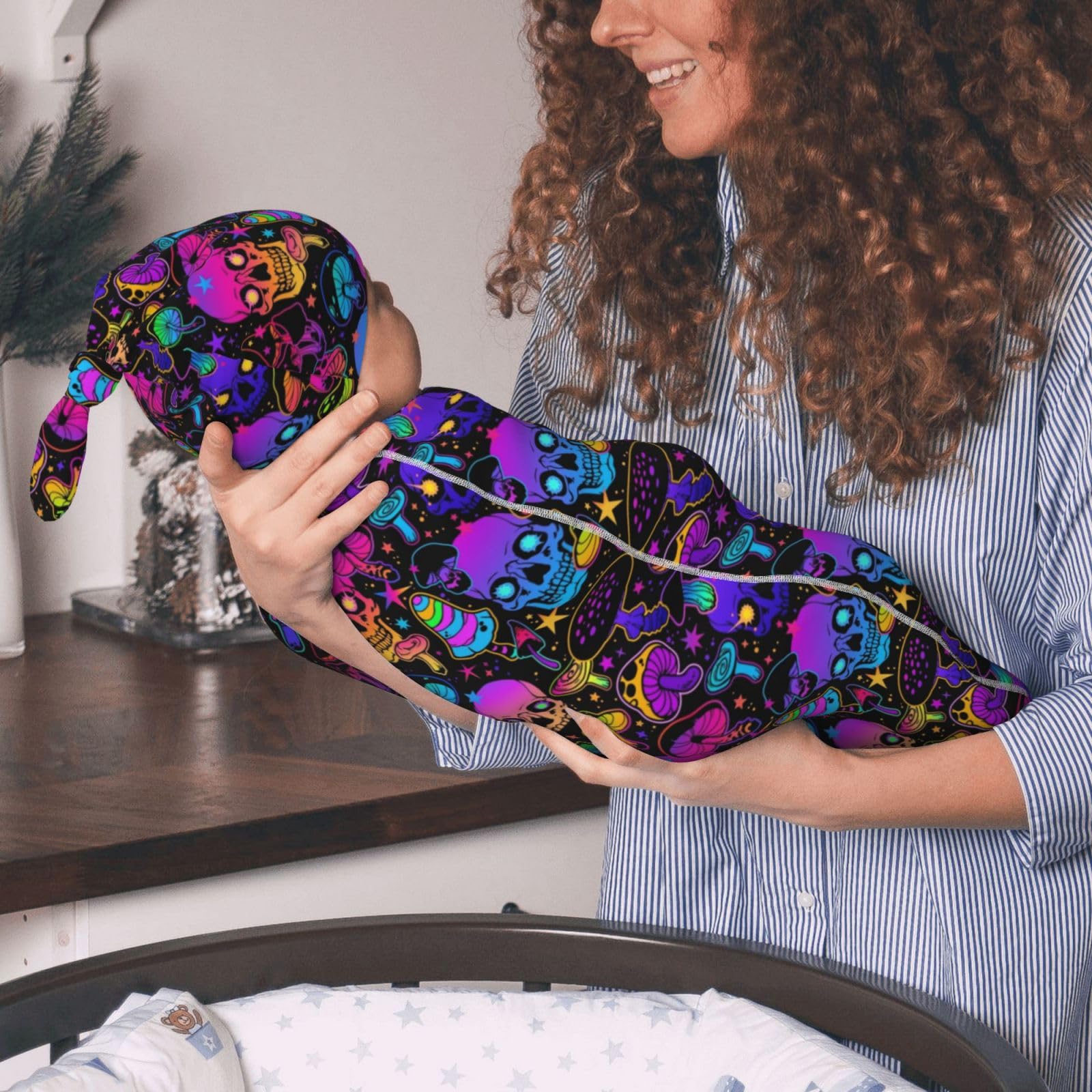 Figtihw Mushroom Skull Swaddle bedtime scene highlights soft, cozy ambience.