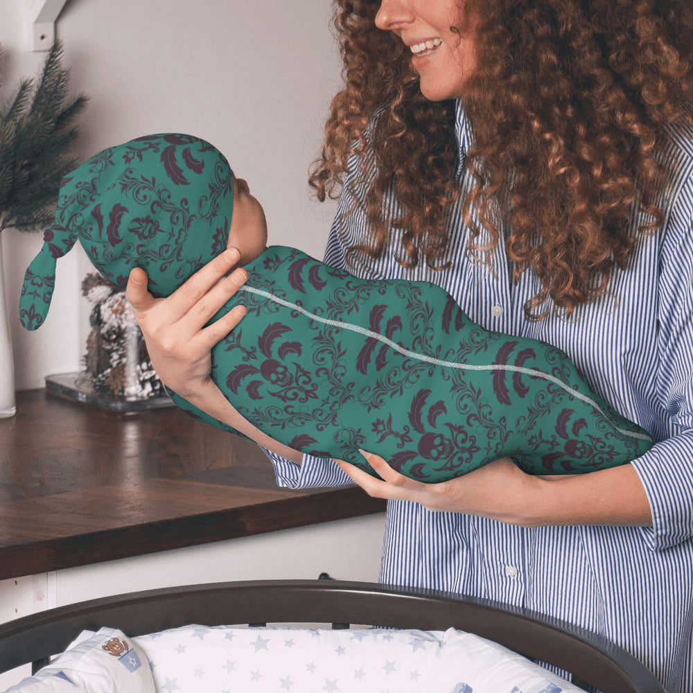 Figtihw skull swaddle blanket headband captures versatile wearable set for day-to-night wear.
