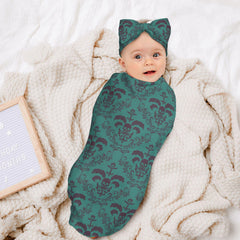 Figtihw skull swaddle set matching beanie delivers complete head-to-toe cozy style.