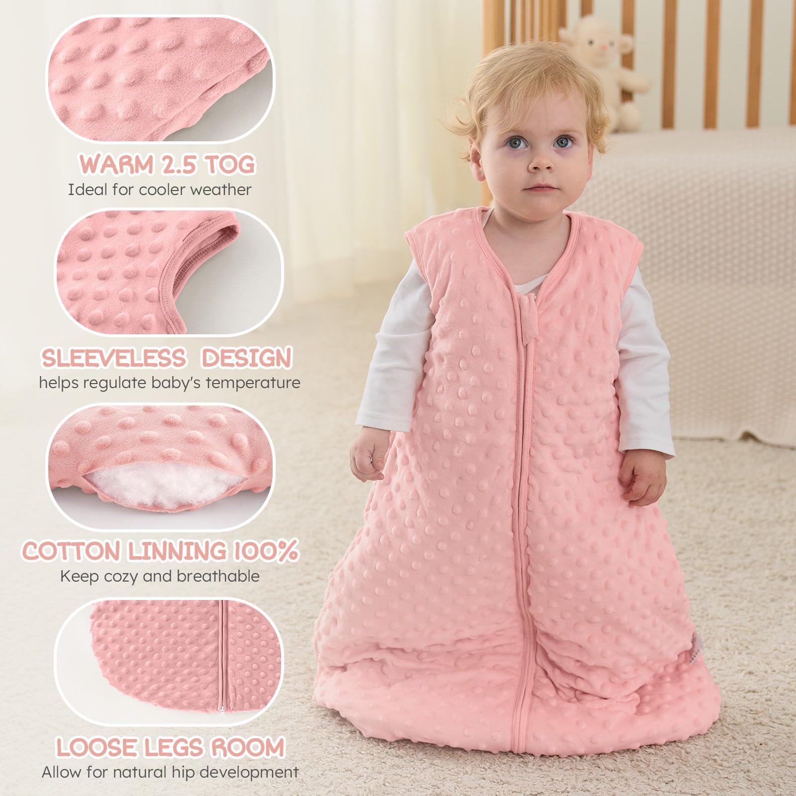 FILLEEP sleep sack fabric closeup shows soft fleece and cotton lining.
